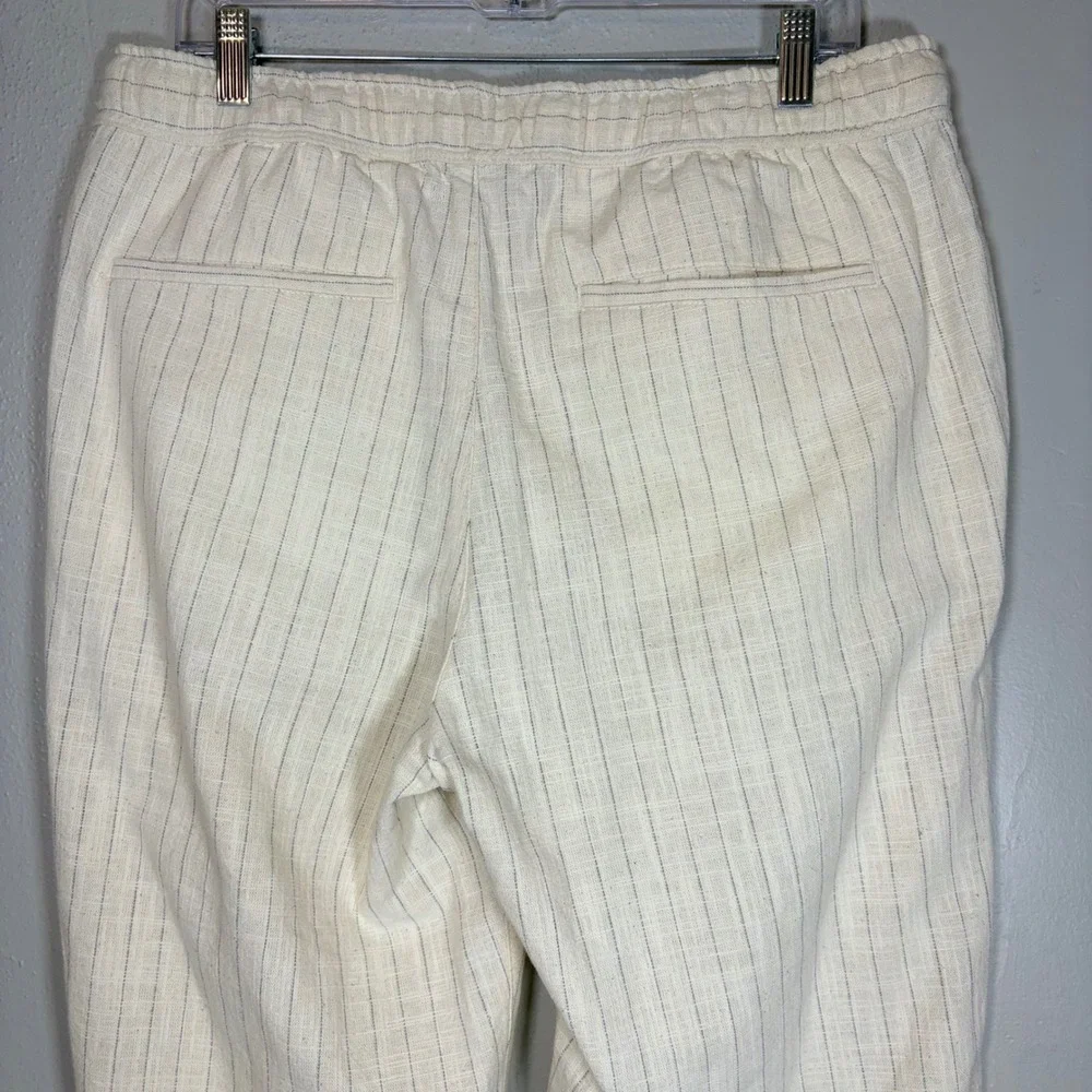 Zara Womens XL Pinstripe Drawstring Linen Blend Pants Cream Blue High Rise